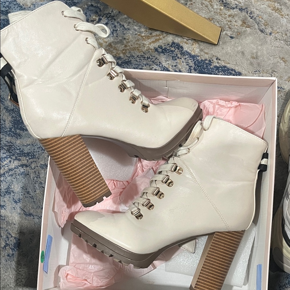 JustFab Cream Heeled Boots
